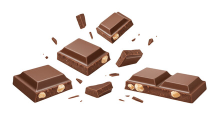 Illustration of Square Chocolate Pieces with Nuts on Transparent Background