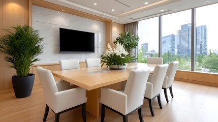 A spacious and modern conference room with a wooden table white chairs and lush greenery  long title A well appointed conference room in a high rise