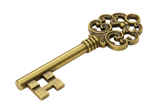 Isolated Golden Ornate Vintage Key with Metal Handle on Transparent Background