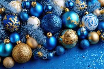 Blue and gold Christmas ornaments arranged on a vibrant blue background for festive decor.