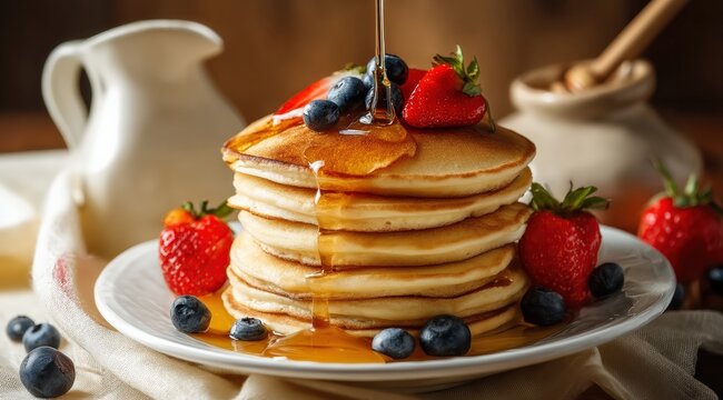 Delicious stack of pancakes with maple syrup pouring on top, decorated with fresh blueberries and strawberries, ready for a tasty breakfast