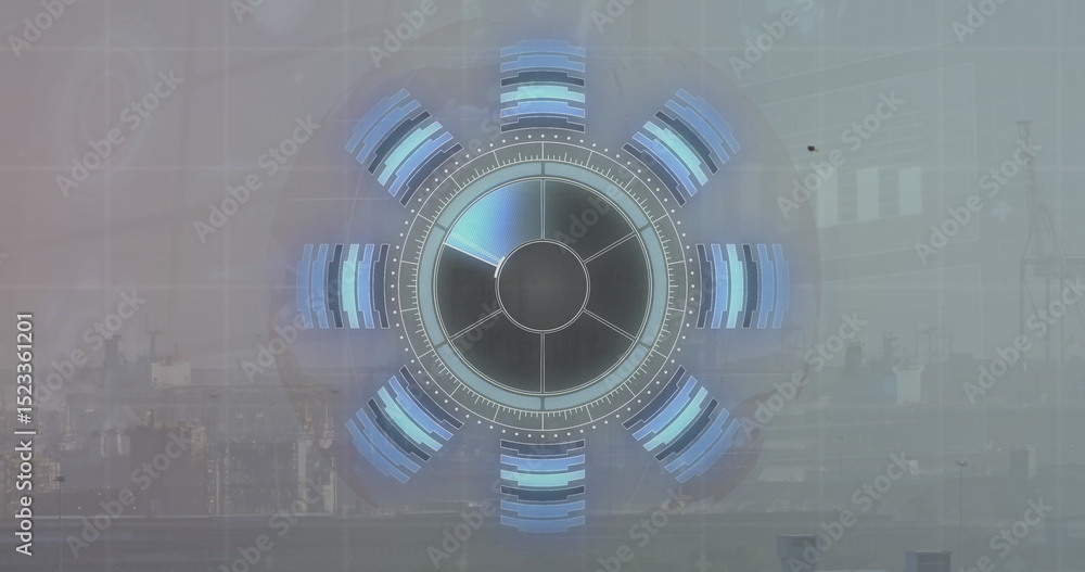 Poster image of round scanner and statistical data processing against aerial view of cityscape