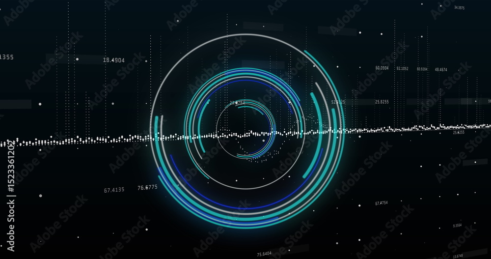 Poster image of neon round scanner over data processing against black background
