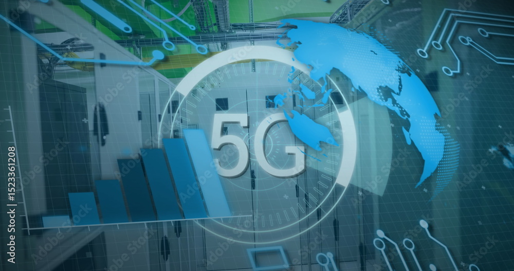Poster image of 5g text banner, spinning globe and data processing against computer server room