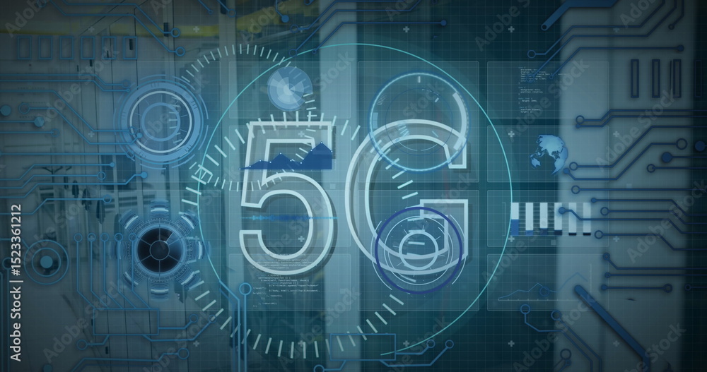Poster image of 5g text banner, microprocessor connections and data processing against server room