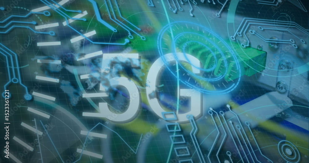 Aufkleber displaying large 5g text in virtual network environment, with circuit traces and data flow arrows