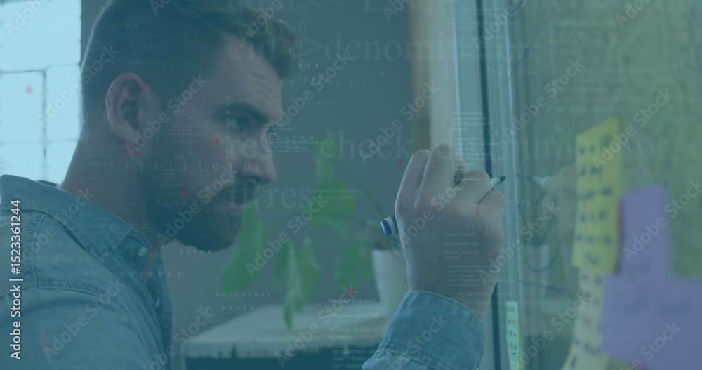 Poster image of data processing against caucasian man writing on memo notes at office