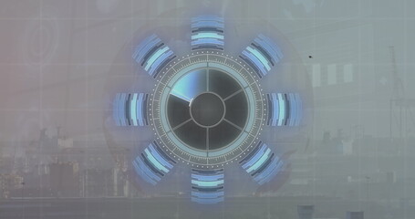 Image of round scanner and statistical data processing against aerial view of cityscape