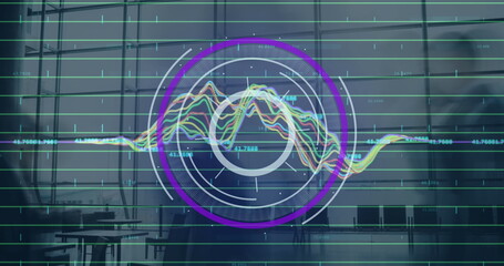 Image of round scanner and financial data processing over time-lapse of people walking at office