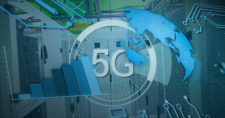 Image of 5g text banner, spinning globe and data processing against computer server room
