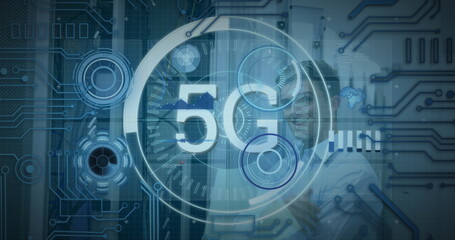 Image of 5g text banner and round scanners over caucasian male engineer at computer server room