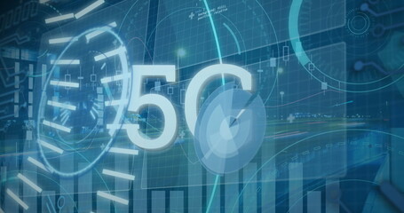 Image of 5g text banner, round scanners and data processing against night city traffic