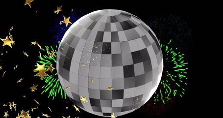 Image of stars over disco ball and fireworks