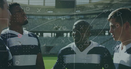 Image of game plan over diverse male rugby players