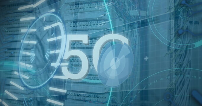 Image of infographic interface with circles and 5g text over server room - Powered by Adobe