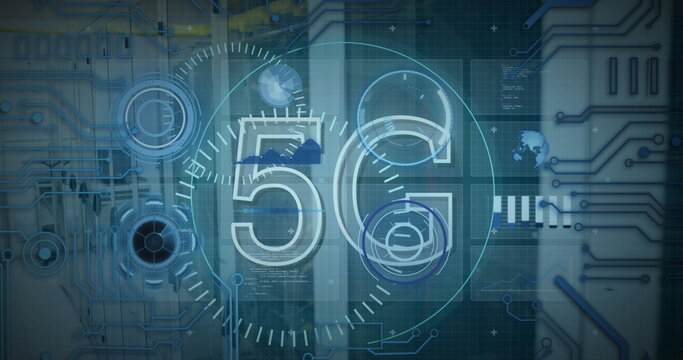 Image of 5g text banner, microprocessor connections and data processing against server room