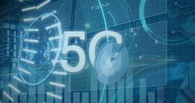 Image of 5g text banner, round scanners and data processing against night city traffic