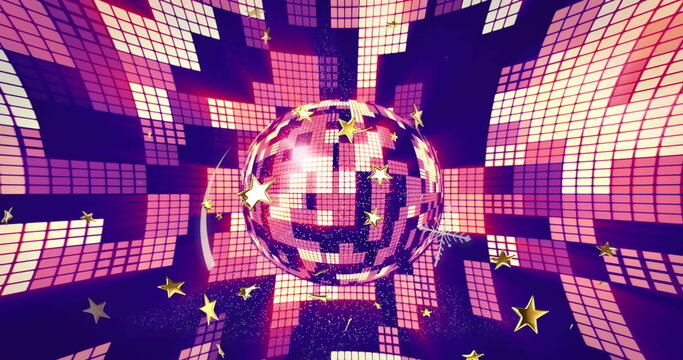 Image of stars over disco ball and moving columns