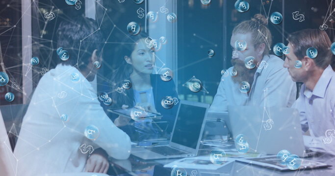 Image of connected dots, bitcoin and dollar signs over businesswoman explaining project to team