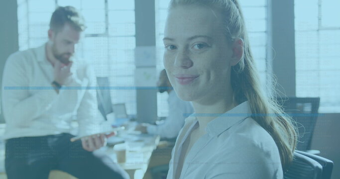 Image of data processing against portrait of caucasian woman smiling at office