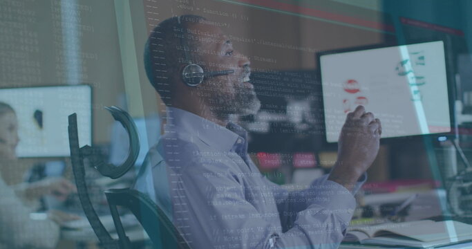 Image of data processing over african american senior man talking on phone headset at office