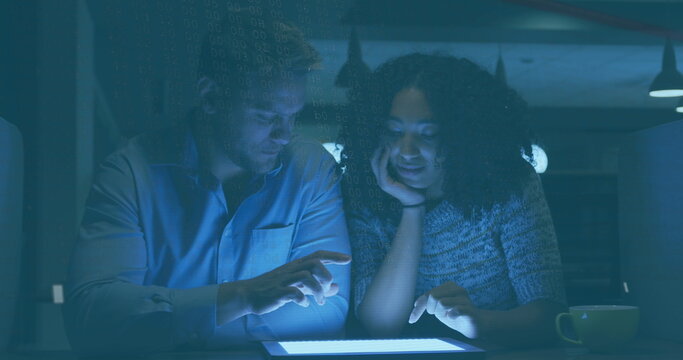 Image of network of connections over business people in office