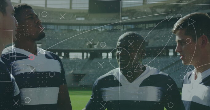 Image of game plan over diverse male rugby players - Powered by Adobe