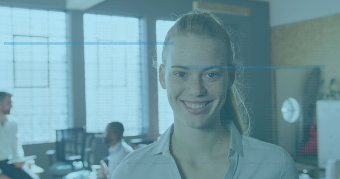 Image of data processing against portrait of caucasian woman smiling at office