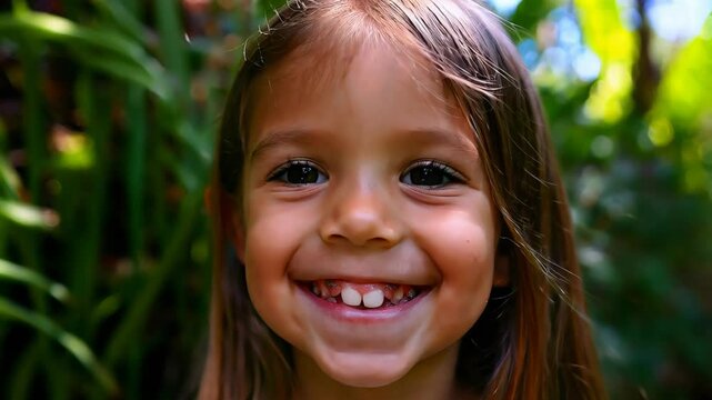 Happy caucasian child with long light brown hair grins joyfully, showing missing front teeth, standing among vibrant greenery and plants