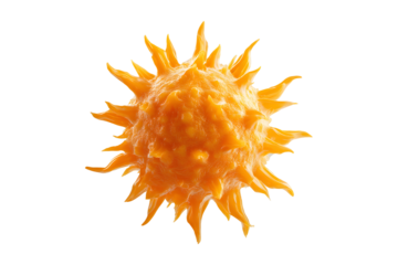 Detailed microscopic view of orange spiky textured coronavirus cell on transparent background