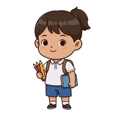 Illustration Of Schoolgirl Student In Blue Uniform With Book And Pencils