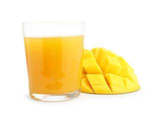 Tasty mango juice in glass and fresh fruit isolated on white
