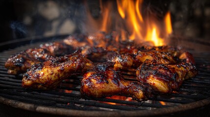 Grilled chicken drumsticks with bbq glaze on a charcoal grill