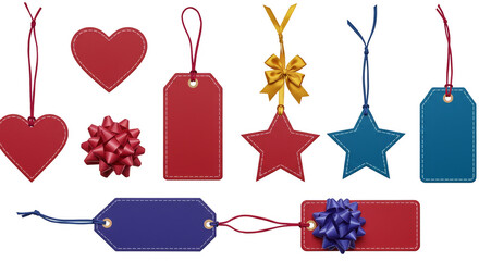 Isolated Hanging Present Tags with Strings Red and Blue Hearts Stars Shapes