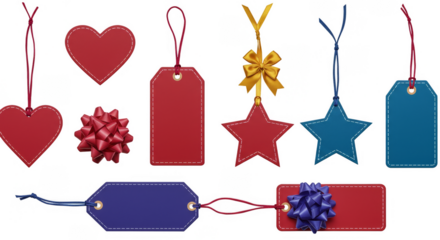 Isolated Hanging Present Tags with Strings Red and Blue Hearts Stars Shapes