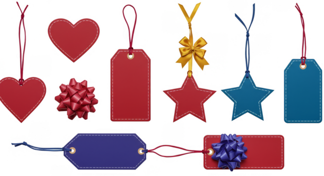 Isolated Hanging Present Tags with Strings Red and Blue Hearts Stars Shapes