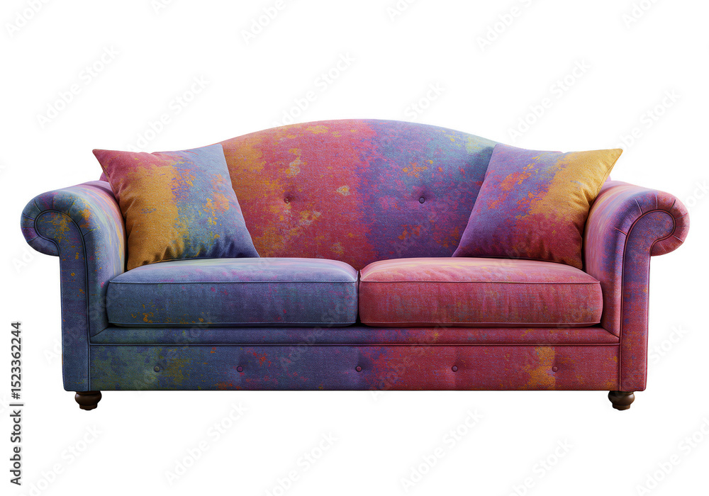 Poster isolated png image of colorful patterned couch and pillows on transparent