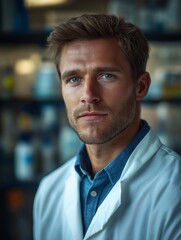 Obraz premium Male Scientist in Lab Coat Conducting Biology Research in Modern Science Laboratory