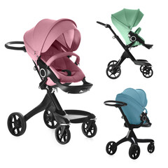Baby carriage. Modern prams in different colors isolated on white, different sides