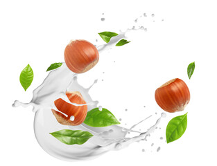 Nut milk splash with hazelnuts and green leaves in air on white background