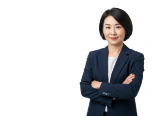 Isolated Portrait of Asian Businesswoman With Arms Crossed In Dark Suit