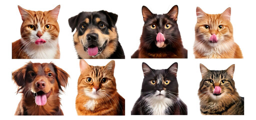 Playful Cats and Dogs with Funny Expressions and Close-Up Shots, Isolated on Transparent, white background