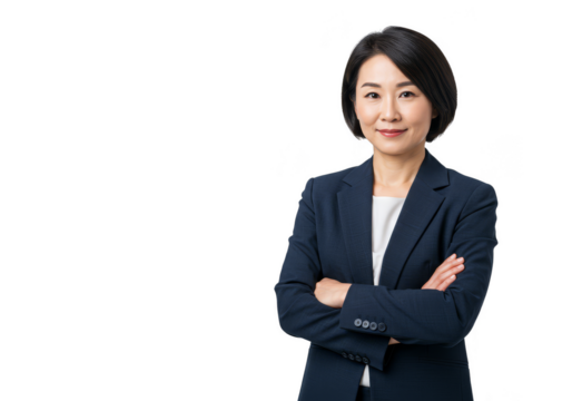 Isolated Portrait of Asian Businesswoman With Arms Crossed In Dark Suit