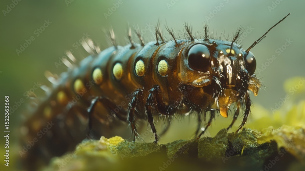 Poster a detailed macro shot of a segmented insect larva on foliage