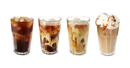 Refreshing iced coffee drinks in different glasses isolated on white, set