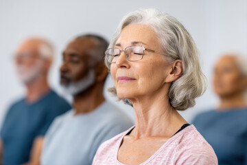 Older adults meditating with eyes closed in calm group session, showing peaceful and relaxed expressions in wellness class