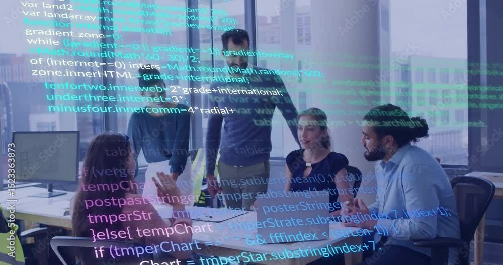 Poster woman leaning in and pointing at laptop, showing overlay over team reviewing code cheering in tech
