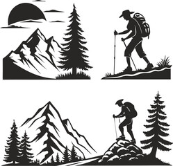 black and white silhouettes depicting mountain landscapes with pine trees and hikers.