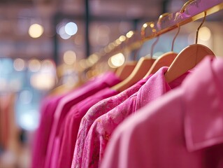 pink womens clothes on hangers on rack in fashion store
