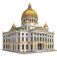 Obraz premium Illustration Golden Dome Ornate Facade Building In White Isolated Background